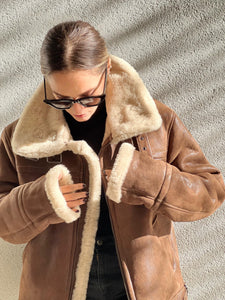 BROWN LEATHER-TRIMMED SHEARLING JACKET