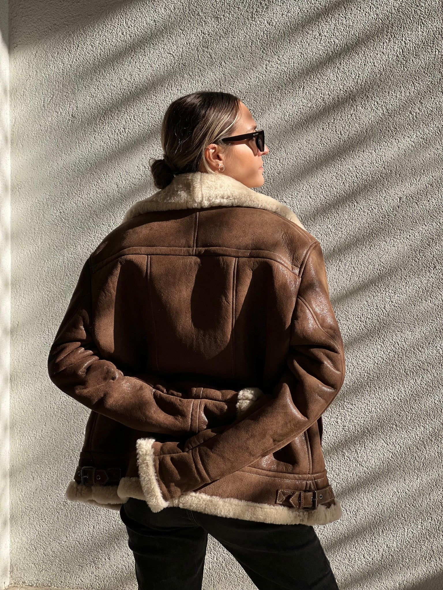 BROWN LEATHER-TRIMMED SHEARLING JACKET