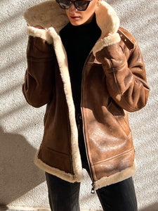 BROWN LEATHER-TRIMMED SHEARLING JACKET