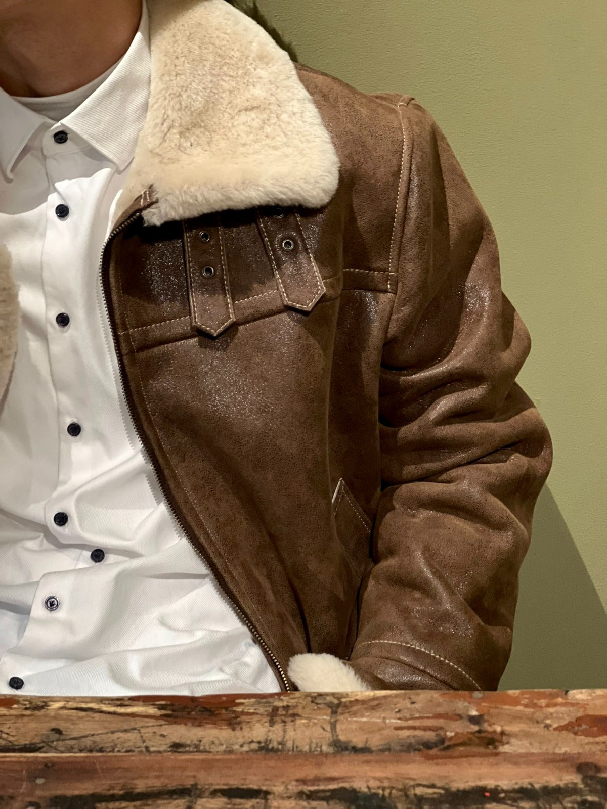 BROWN LEATHER-TRIMMED SHEARLING JACKET