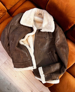 BROWN LEATHER-TRIMMED SHEARLING JACKET