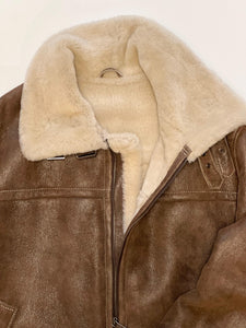 BROWN LEATHER-TRIMMED SHEARLING JACKET